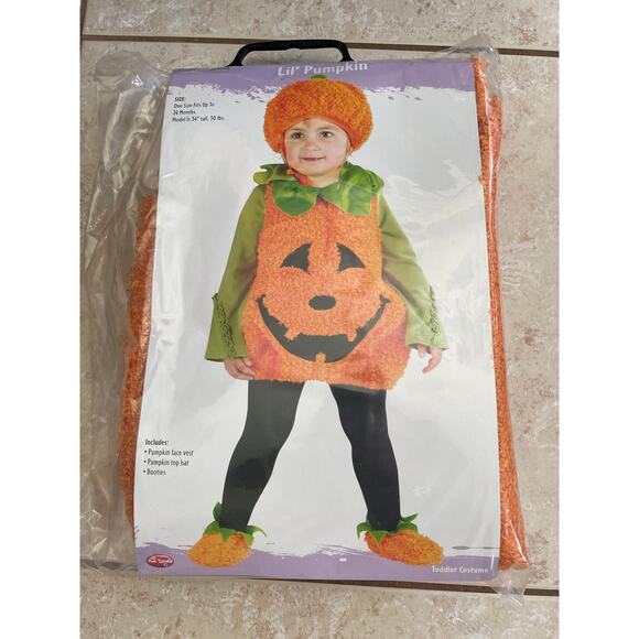 TODDLERS PUMPKIN CUTIE PIE VEST HAT & BOOTIES COSTUME UP TO 24 MOS NEW - Picture 1 of 4